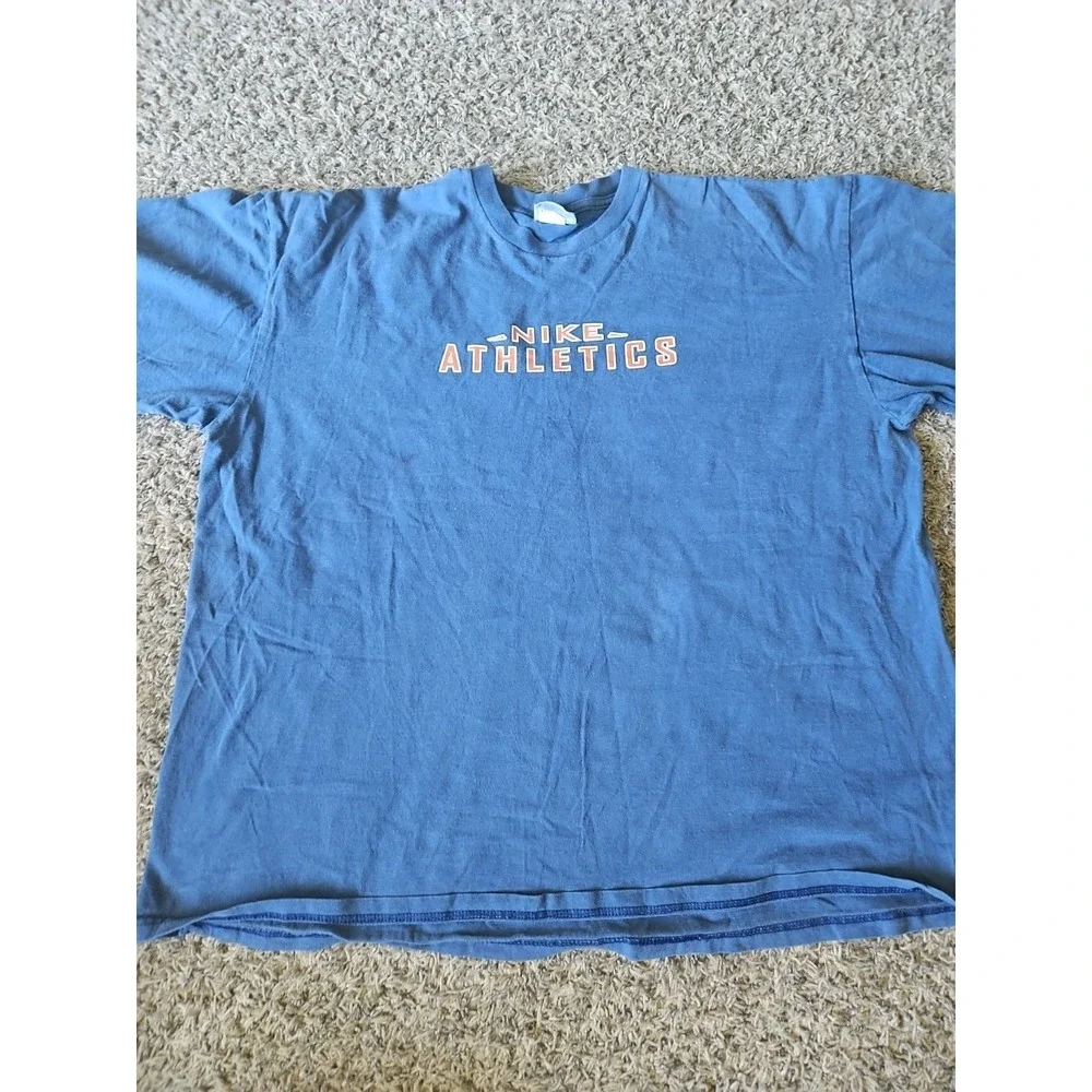 Vtg Nike Athletics Mens Blue Tshirt Orange Letter Red Swoosh Tag